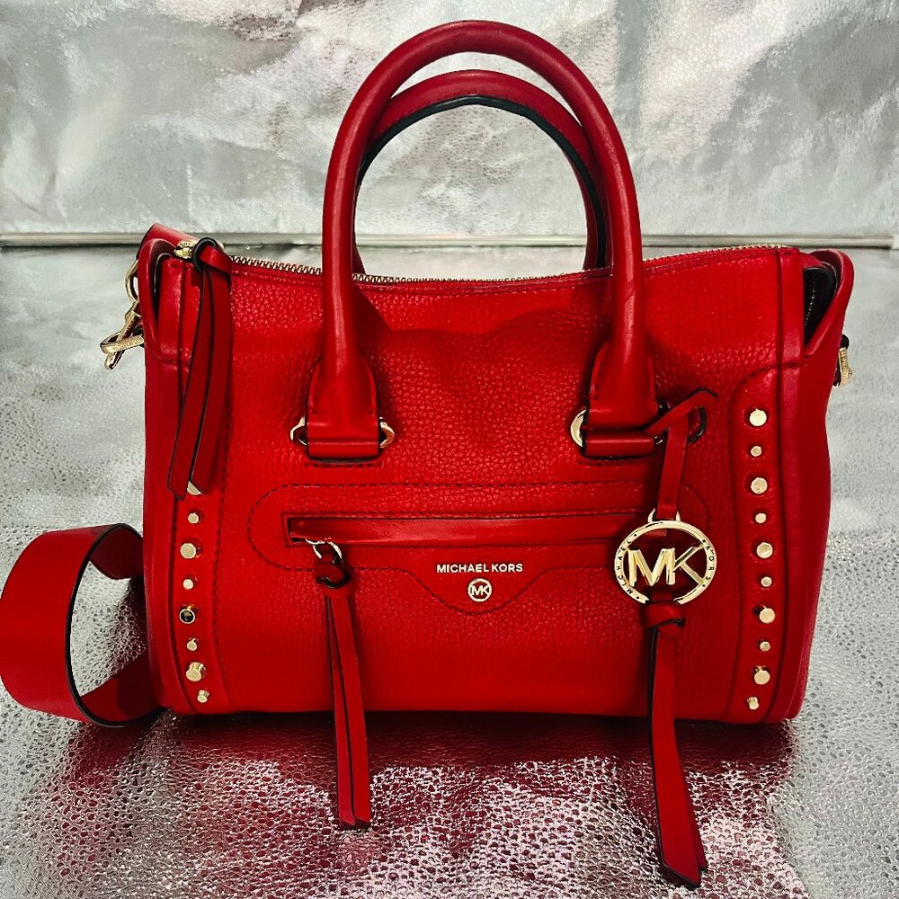 Michael Kors Satchel Bag Red Womens Carine Pebble Leather Studded Inner Pockets